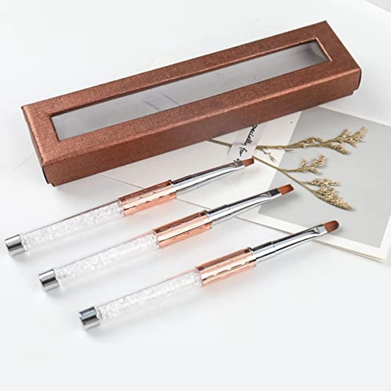 BQAN 3Pcs Oval & Flat & Oblique Gel Nail Brush Set Rhinestone Handle Professional Nail Art Brush for Gel Polish Manicure Salon DIY at Home (#8)