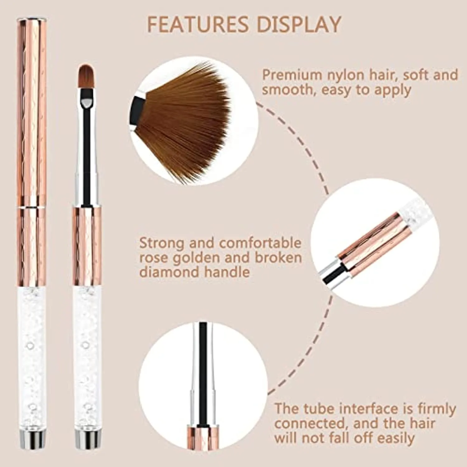 BQAN 3Pcs Oval & Flat & Oblique Gel Nail Brush Set Rhinestone Handle Professional Nail Art Brush for Gel Polish Manicure Salon DIY at Home (#8)