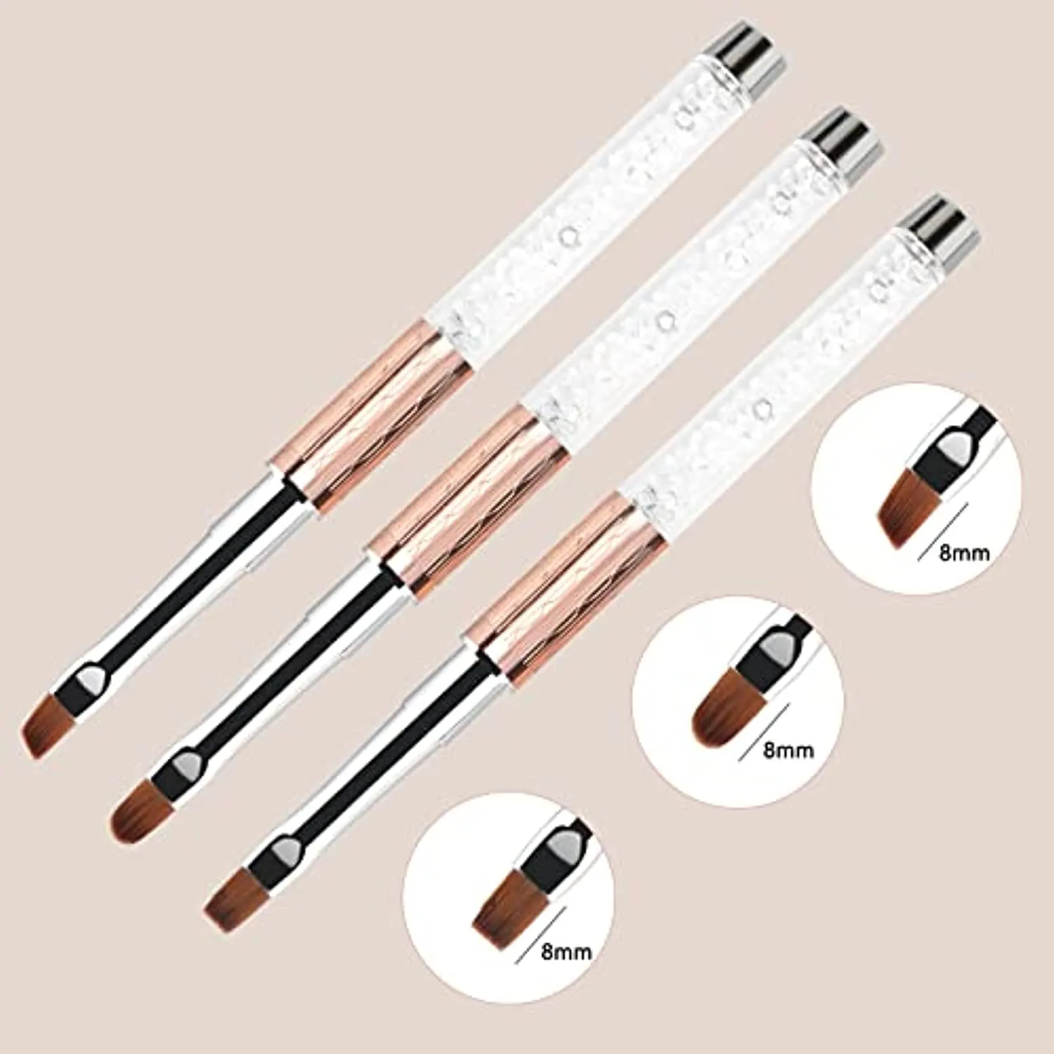 BQAN 3Pcs Oval & Flat & Oblique Gel Nail Brush Set Rhinestone Handle Professional Nail Art Brush for Gel Polish Manicure Salon DIY at Home (#8)
