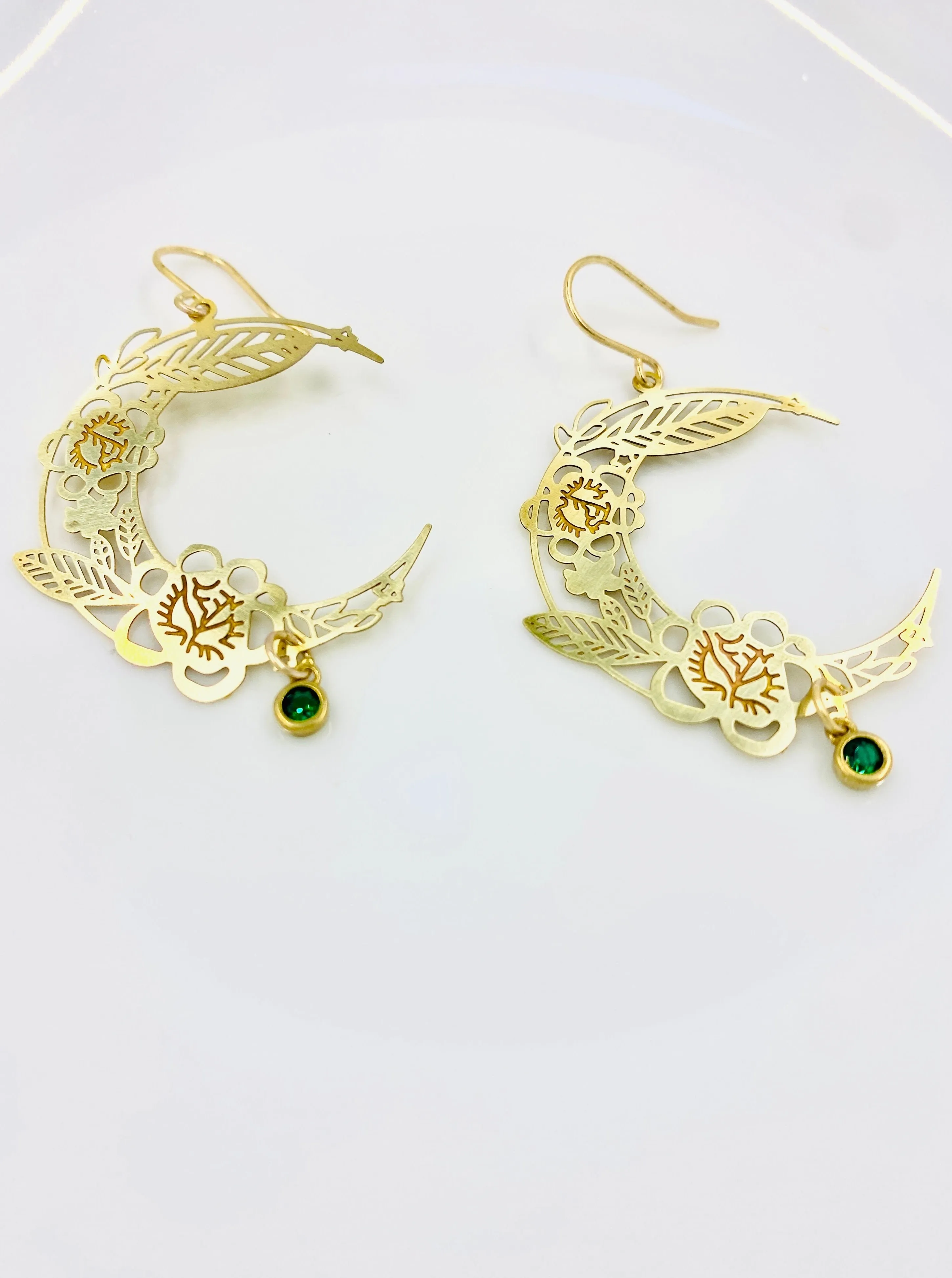 Brass Floral Moon Earrings in Emerald Green