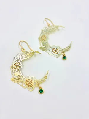 Brass Floral Moon Earrings in Emerald Green