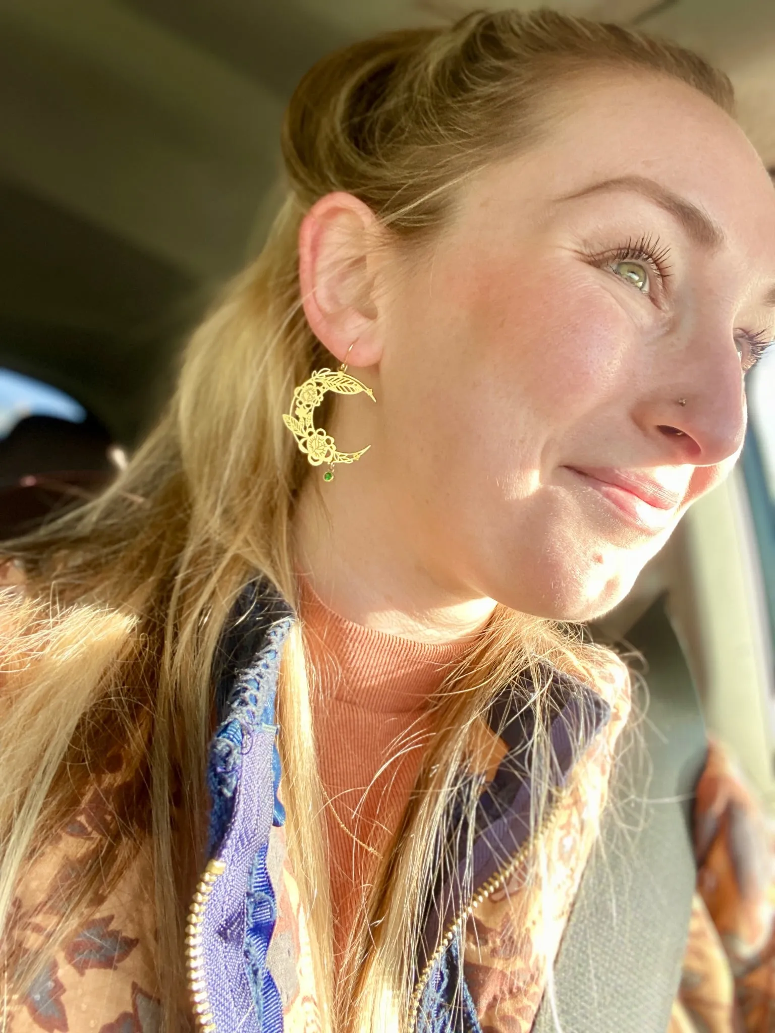 Brass Floral Moon Earrings in Emerald Green