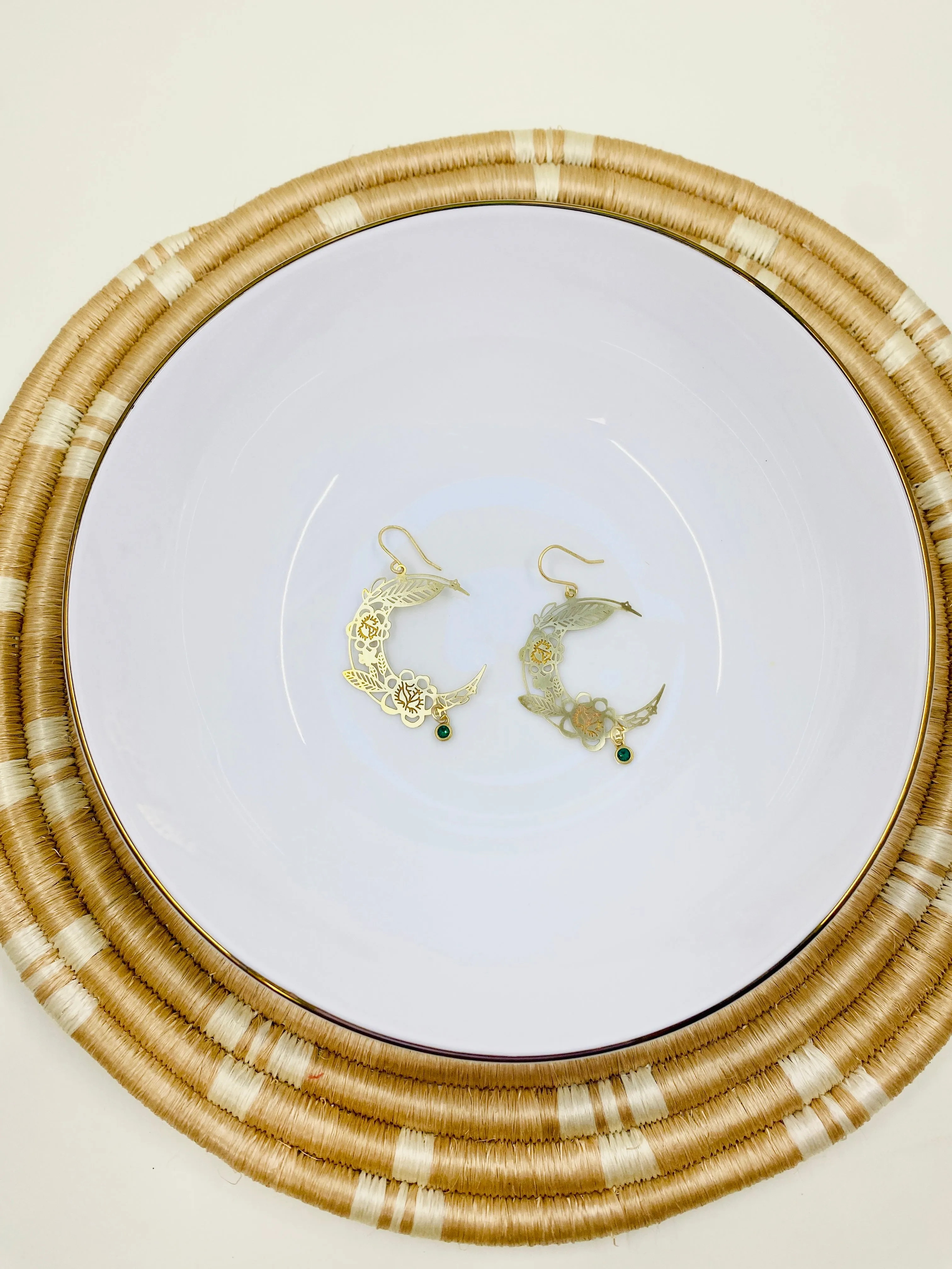 Brass Floral Moon Earrings in Emerald Green