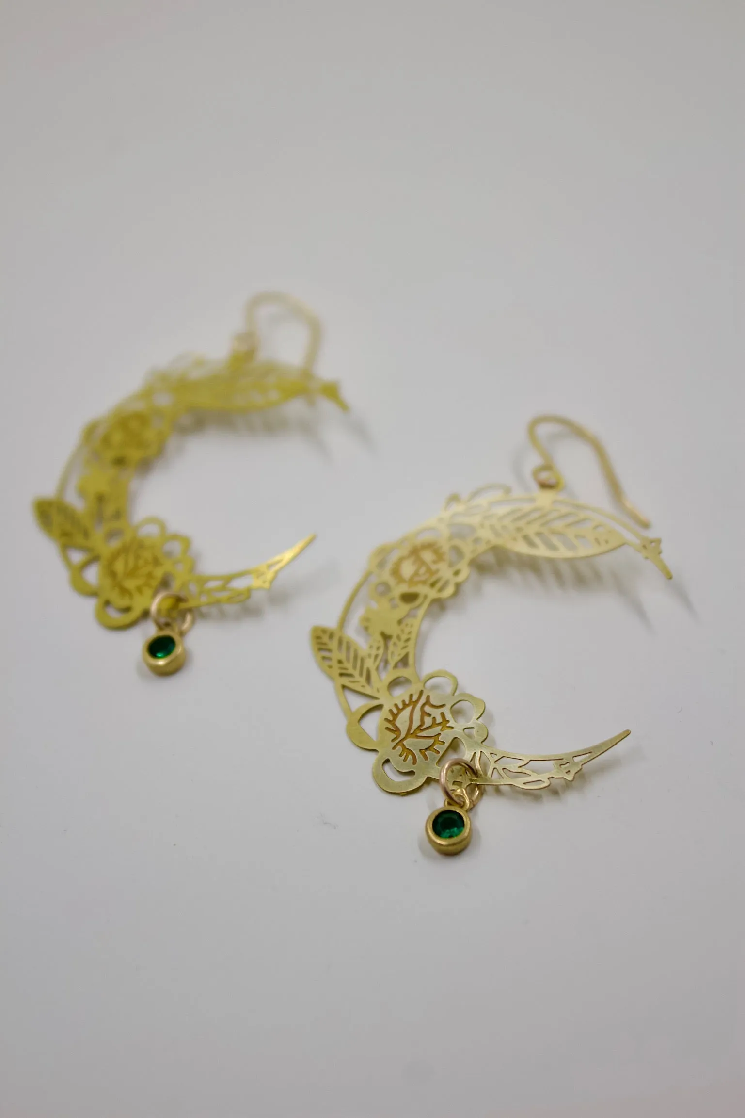 Brass Floral Moon Earrings in Emerald Green