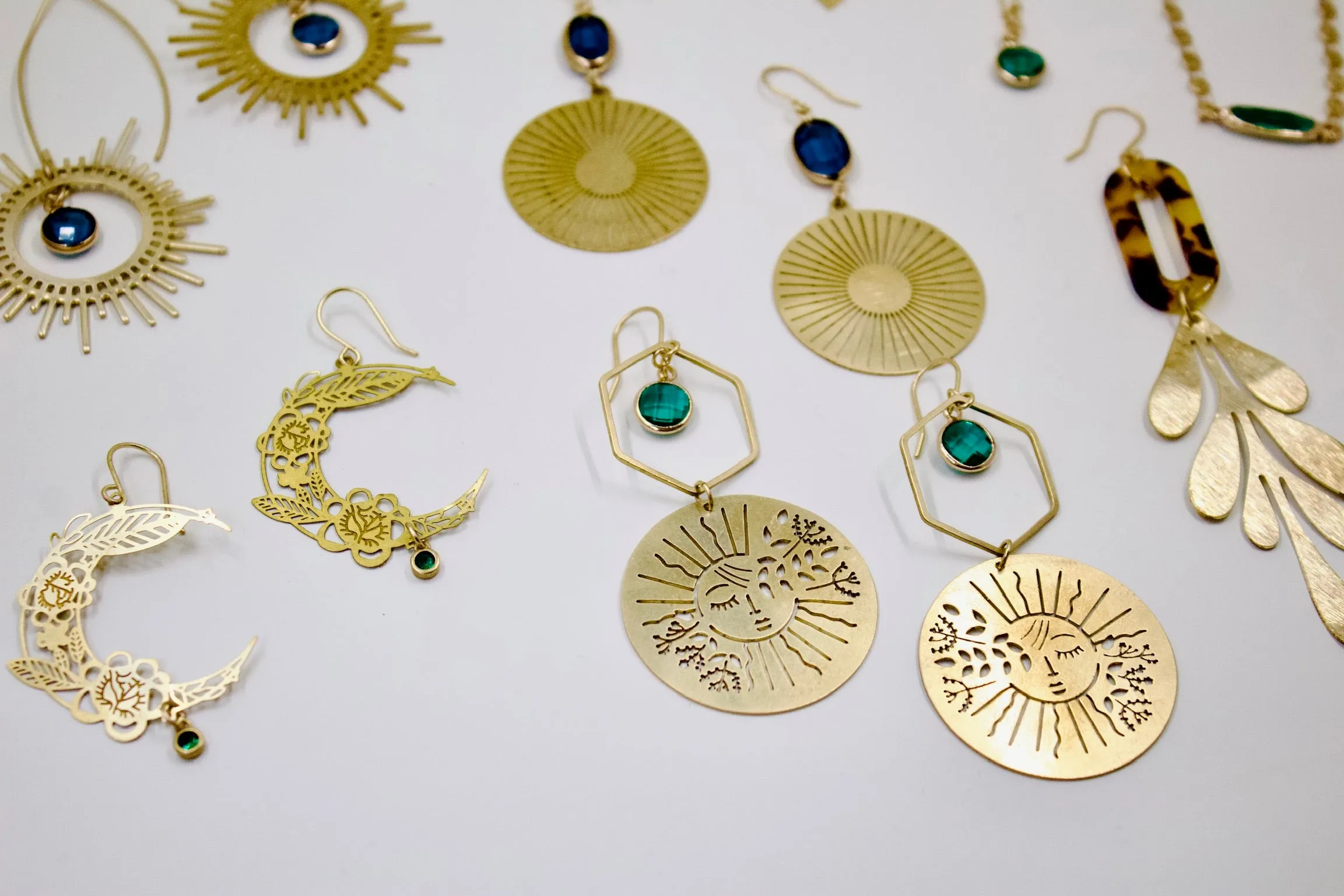 Brass Floral Moon Earrings in Emerald Green