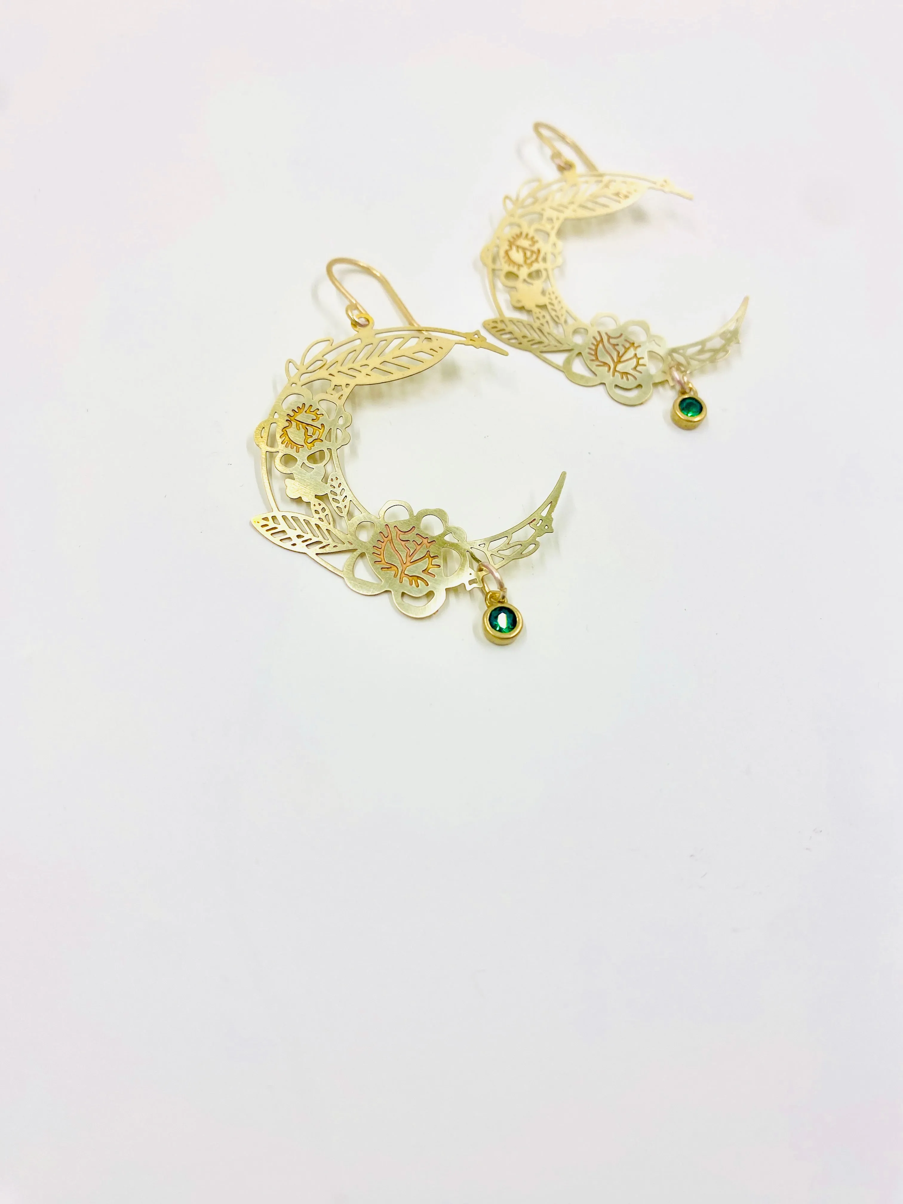 Brass Floral Moon Earrings in Emerald Green