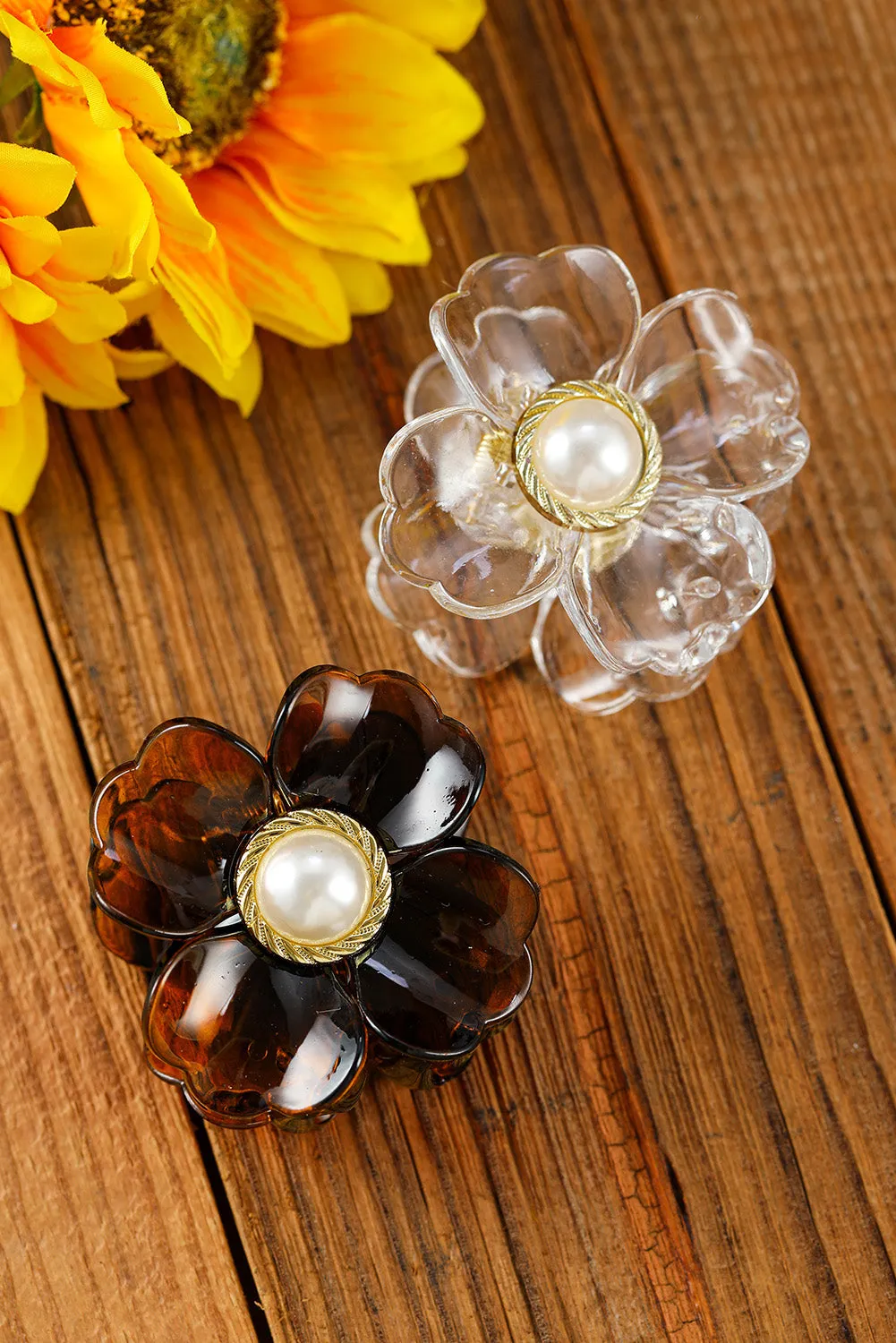 Brown Flower Shape Pearl Inlay Small Hair Claw Clip