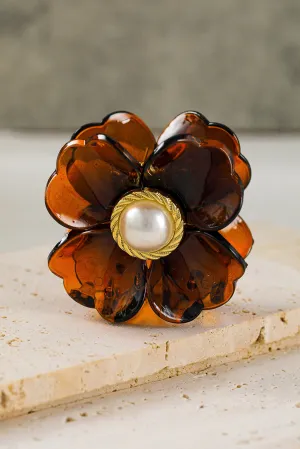 Brown Flower Shape Pearl Inlay Small Hair Claw Clip