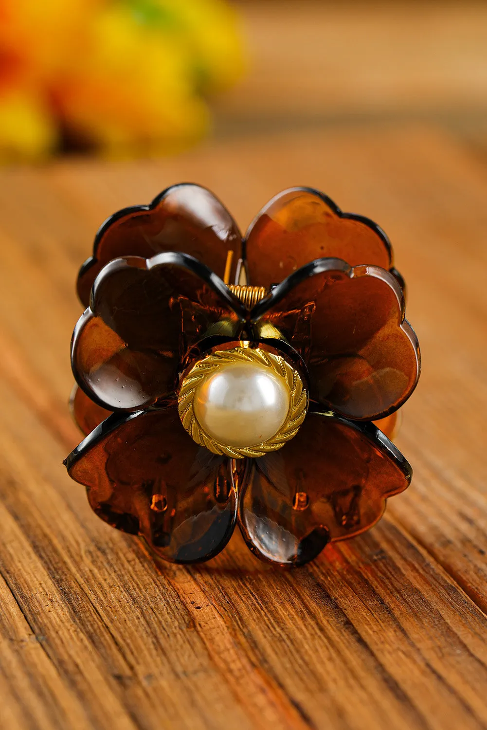 Brown Flower Shape Pearl Inlay Small Hair Claw Clip
