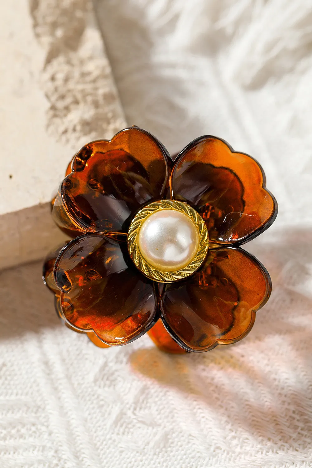 Brown Flower Shape Pearl Inlay Small Hair Claw Clip