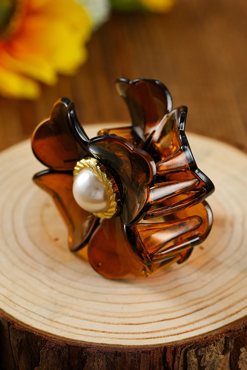 Brown Flower Shape Pearl Inlay Small Hair Claw Clip