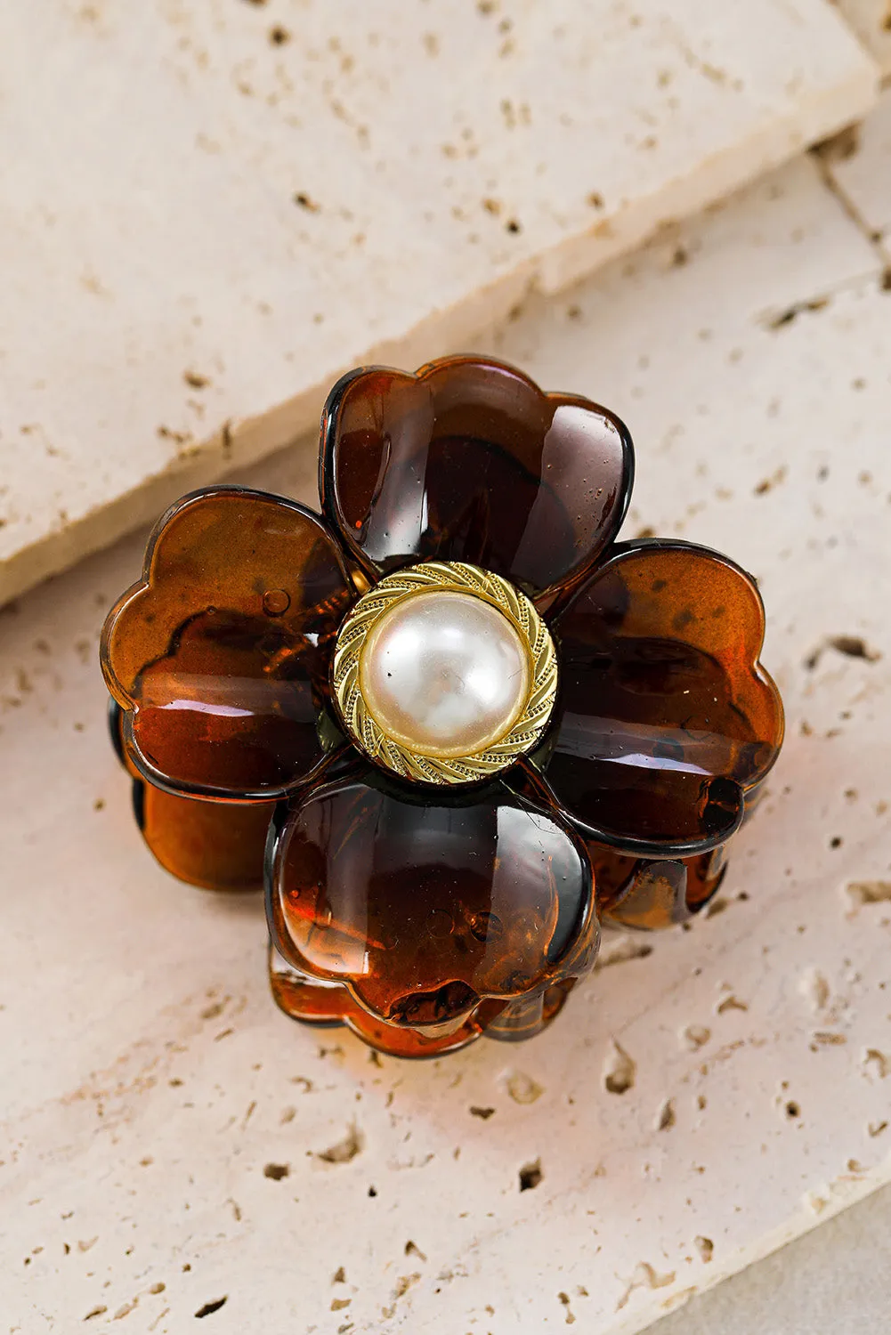 Brown Flower Shape Pearl Inlay Small Hair Claw Clip