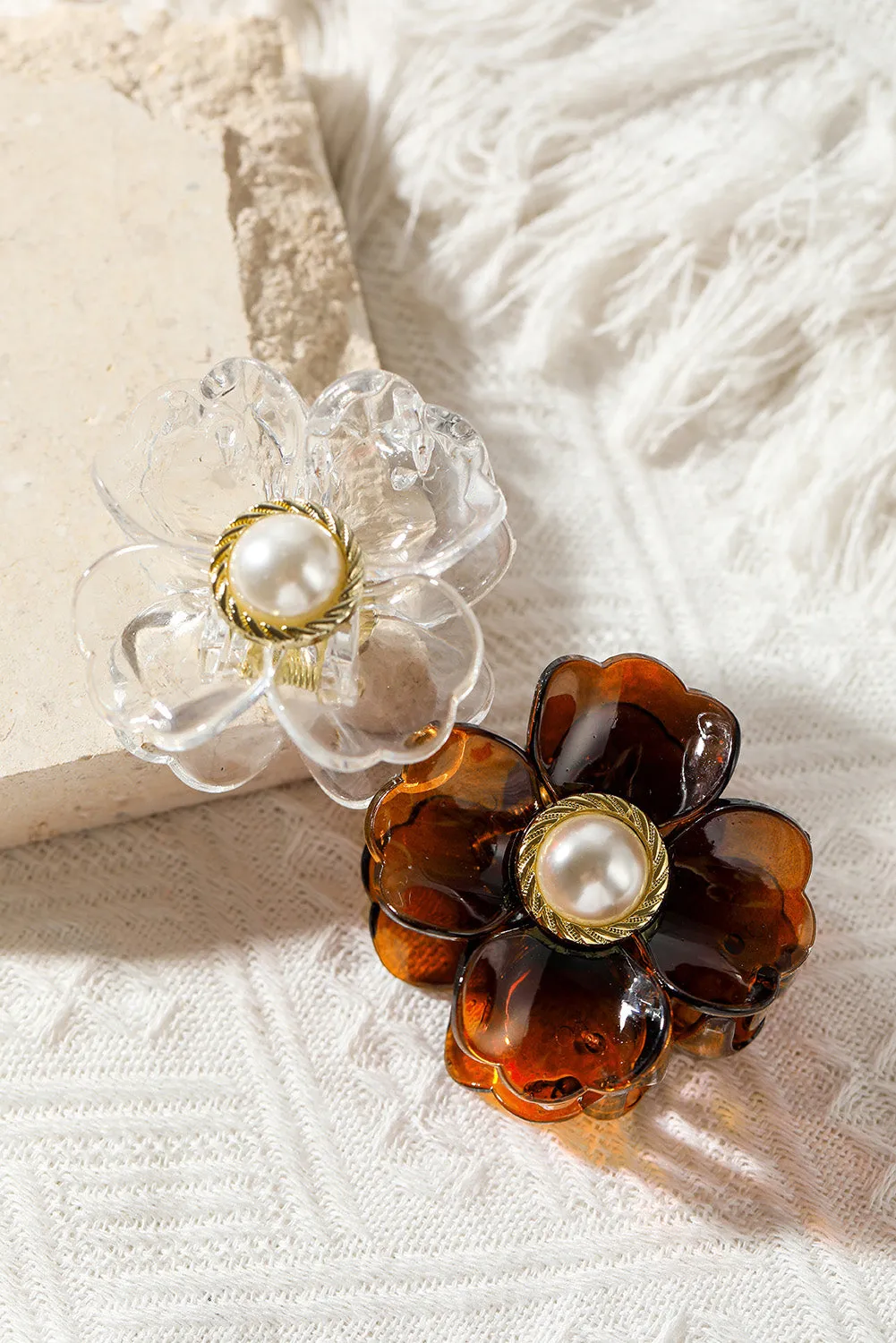 Brown Flower Shape Pearl Inlay Small Hair Claw Clip