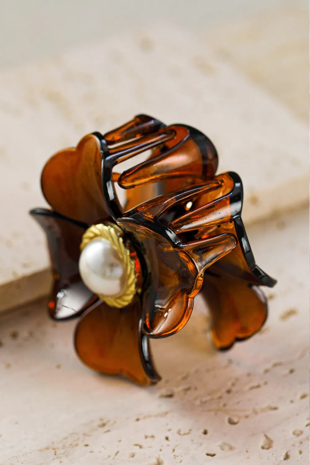 Brown Flower Shape Pearl Inlay Small Hair Claw Clip