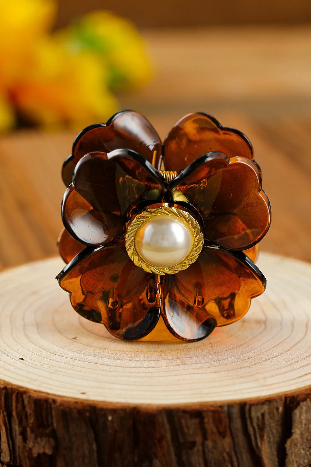 Brown Flower Shape Pearl Inlay Small Hair Claw Clip