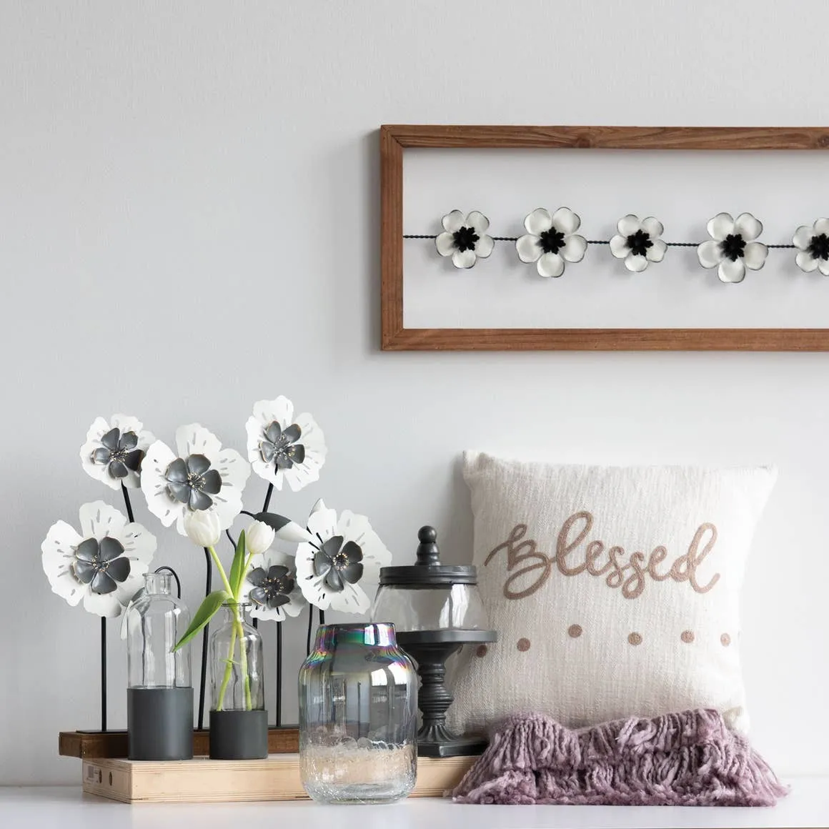 Bunch of Black & White Flowers on Stand