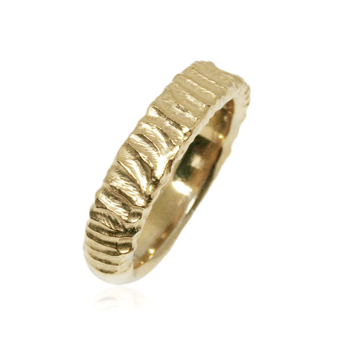 Carved in wood 14k yellow gold wedding ring