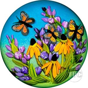 Cathy Richardson 2023 Glass Art Paperweight Flamework Monarchs & Cornflowers 1 of 1