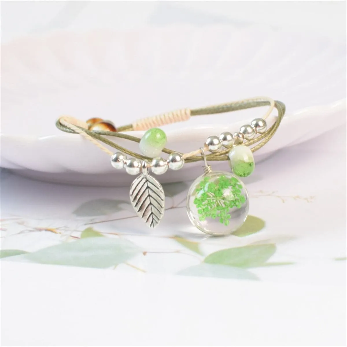 Ceramics & Green Gypsophila Resin Bell Charm Bracelet
