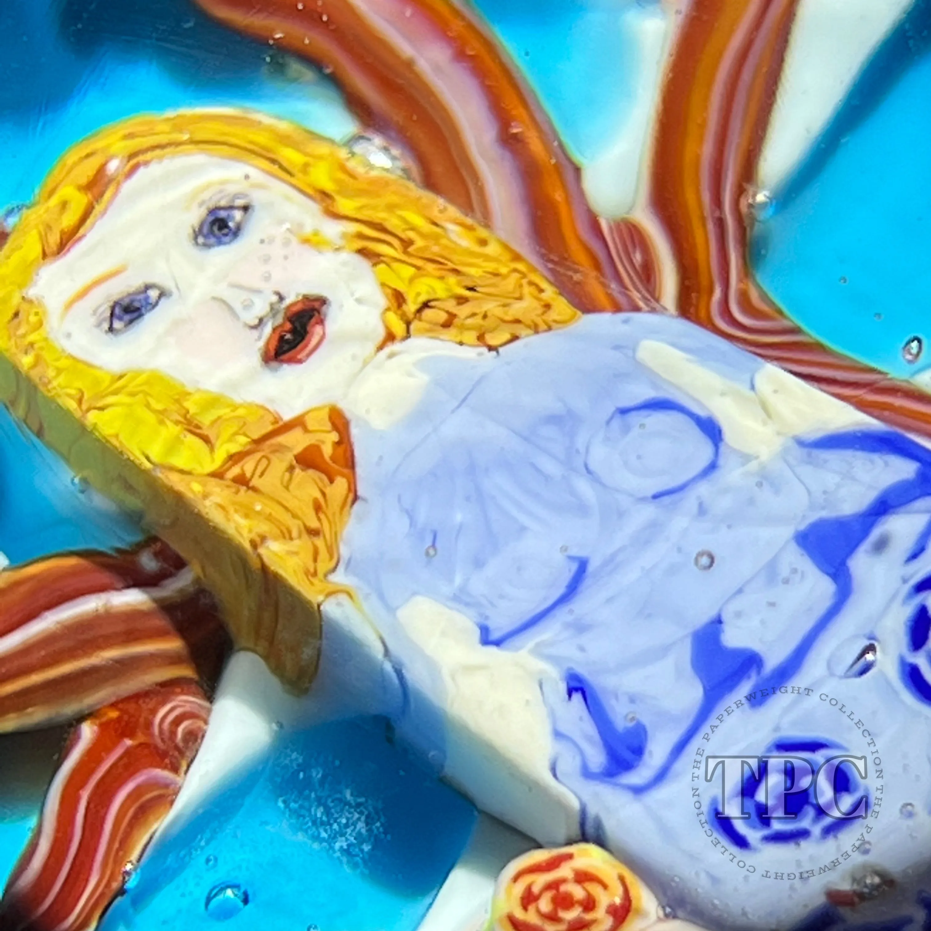 Christina Callahan Glass Art Paperweight Large Murrine Woman in Blue in Rose Garden