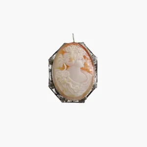 Classical Victorian Shell Cameo in 9K White Gold Filigree Pendant or Brooch