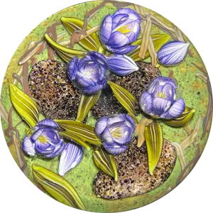 Clinton Smith 2021 Flamework Purple Crocuses With Granite Stones Glass Art Paperweight