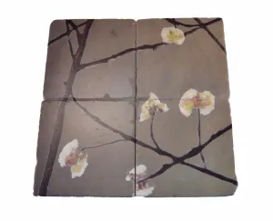 Coaster Set of 4 - White Flowers on Green