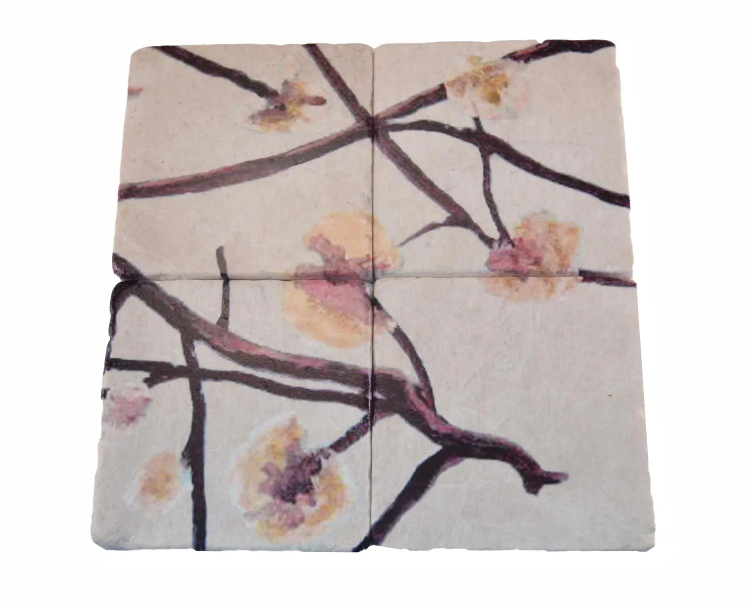 Coaster Set of 4 - Yellow Flowers on Ecru