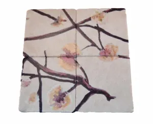 Coaster Set of 4 - Yellow Flowers on Ecru