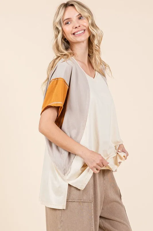 Color Block V-Neck Short Sleeve T-Shirt