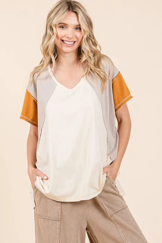 Color Block V-Neck Short Sleeve T-Shirt