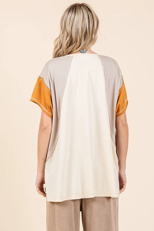 Color Block V-Neck Short Sleeve T-Shirt
