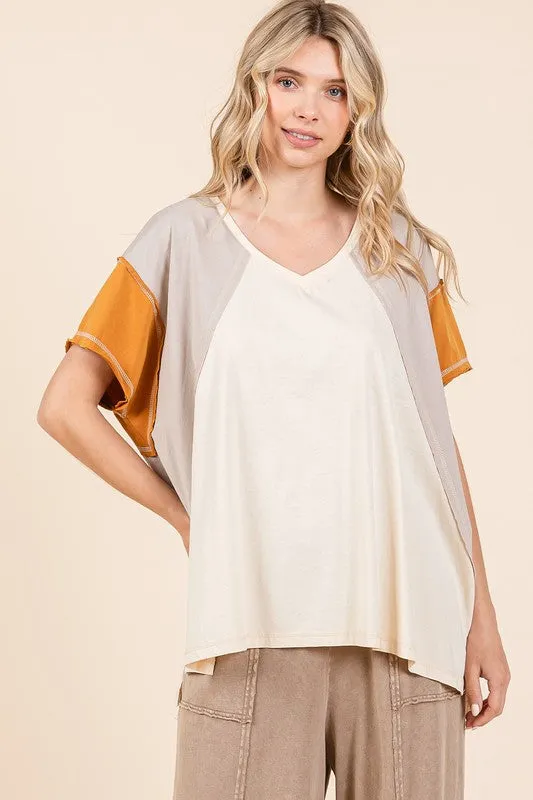 Color Block V-Neck Short Sleeve T-Shirt