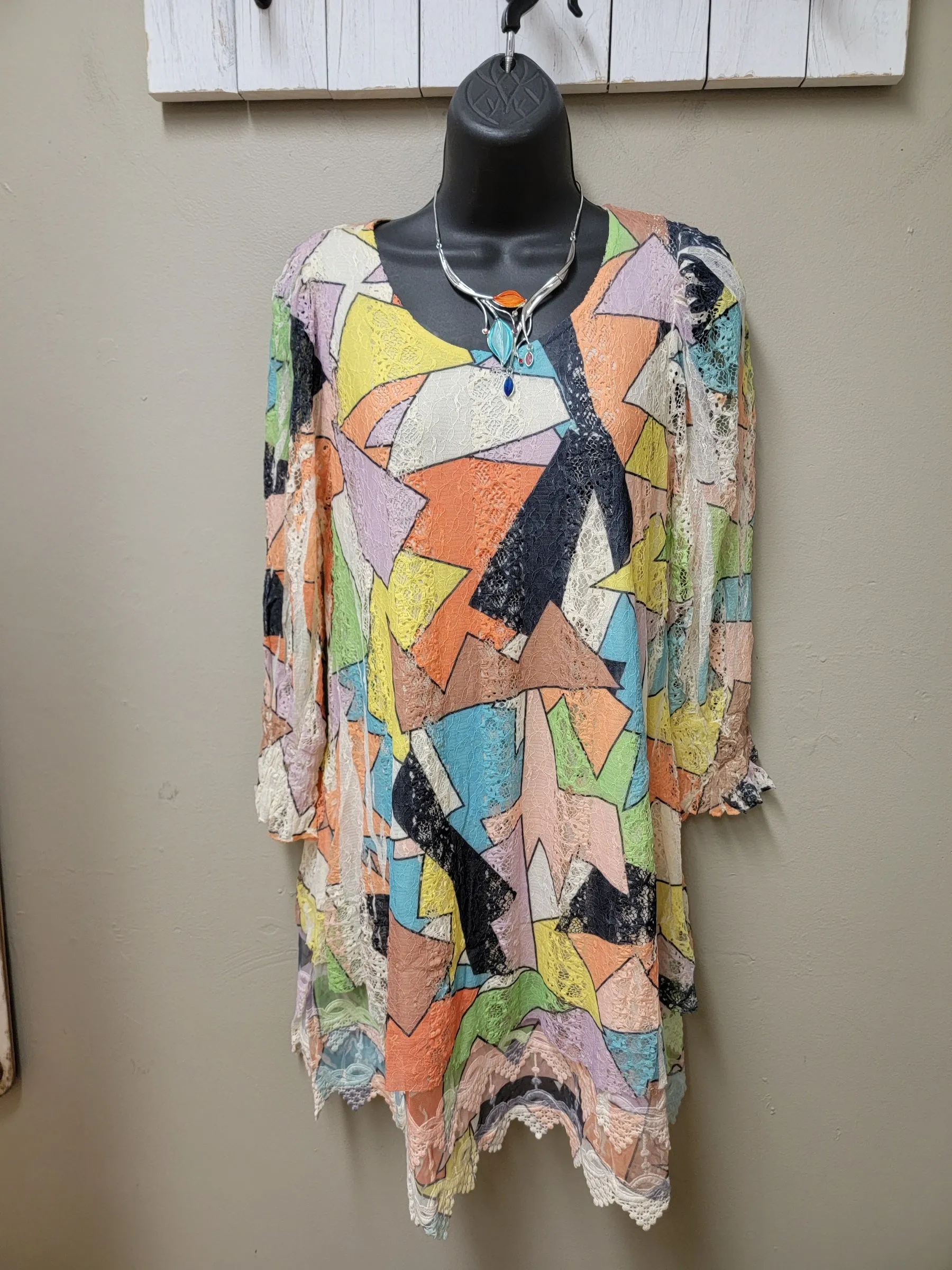 Colorful Modern Geometric Design on Elegant Lacey Top