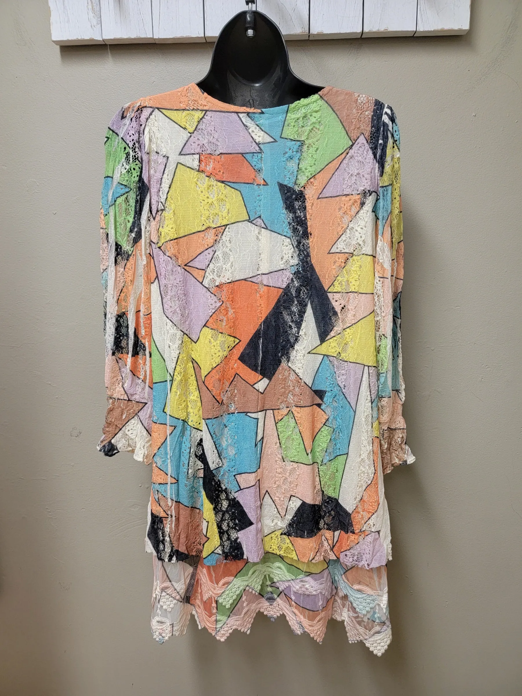 Colorful Modern Geometric Design on Elegant Lacey Top