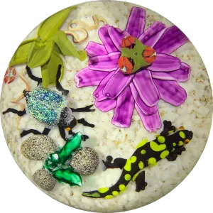 Contemporary Mickael Hingant Lampwork Fire Salamander & Dichroic Beetle with Flora
