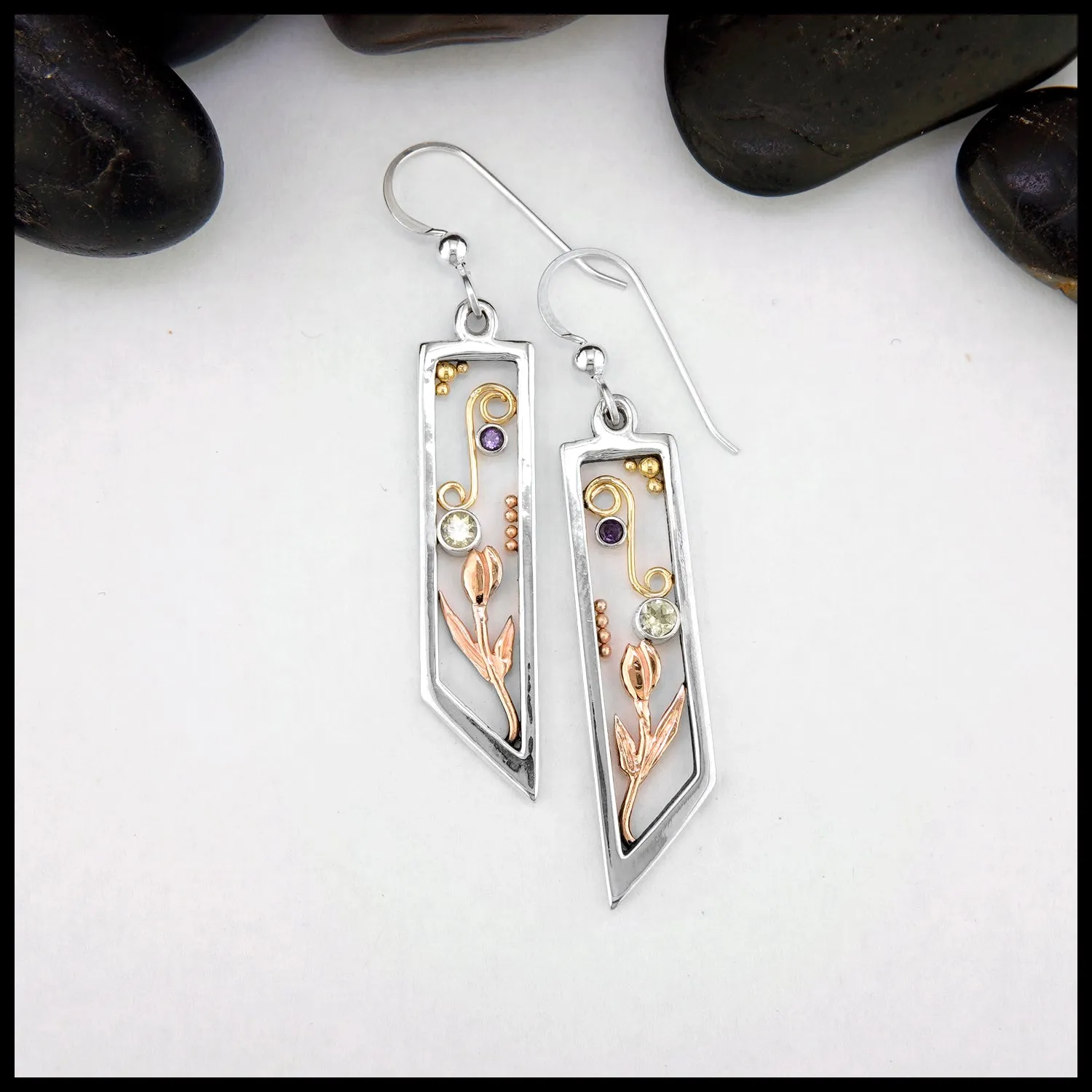 Custom Mint Garnet and Amethyst Frame Tulip Drop Earrings
