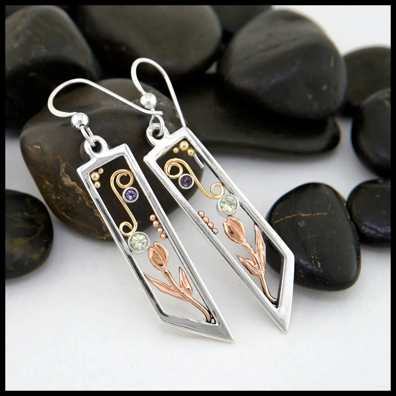 Custom Mint Garnet and Amethyst Frame Tulip Drop Earrings