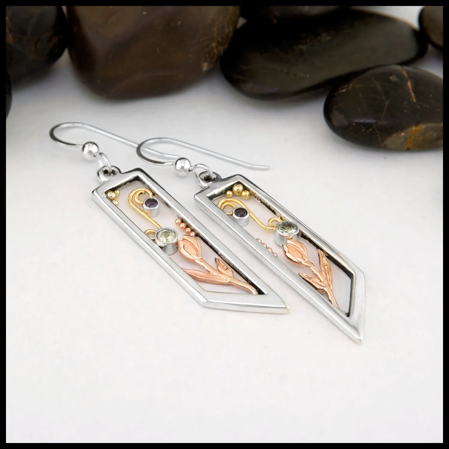 Custom Mint Garnet and Amethyst Frame Tulip Drop Earrings