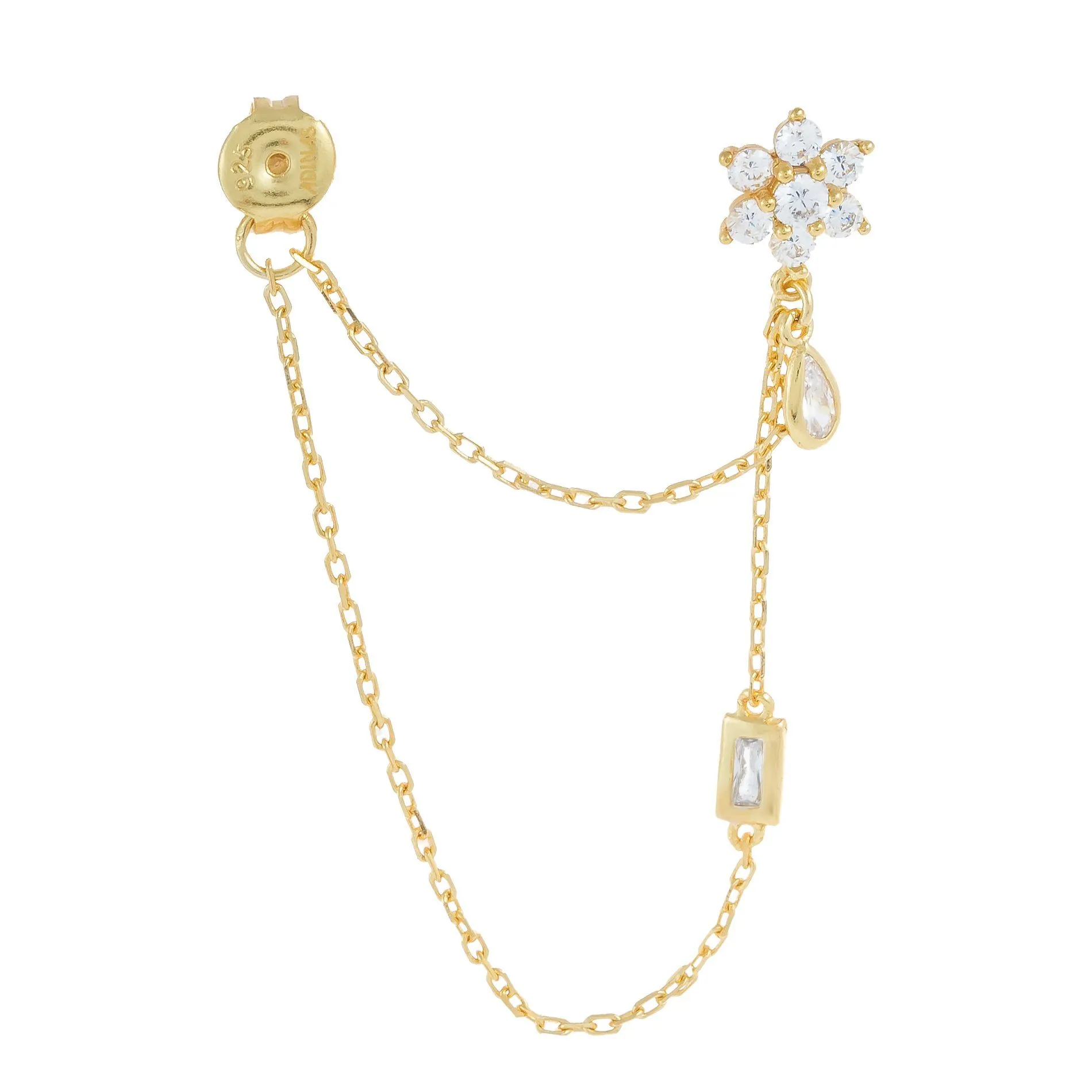CZ Flower X Baguette Chain Stud Earring