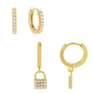 CZ Mini Lock Earring Combo Set