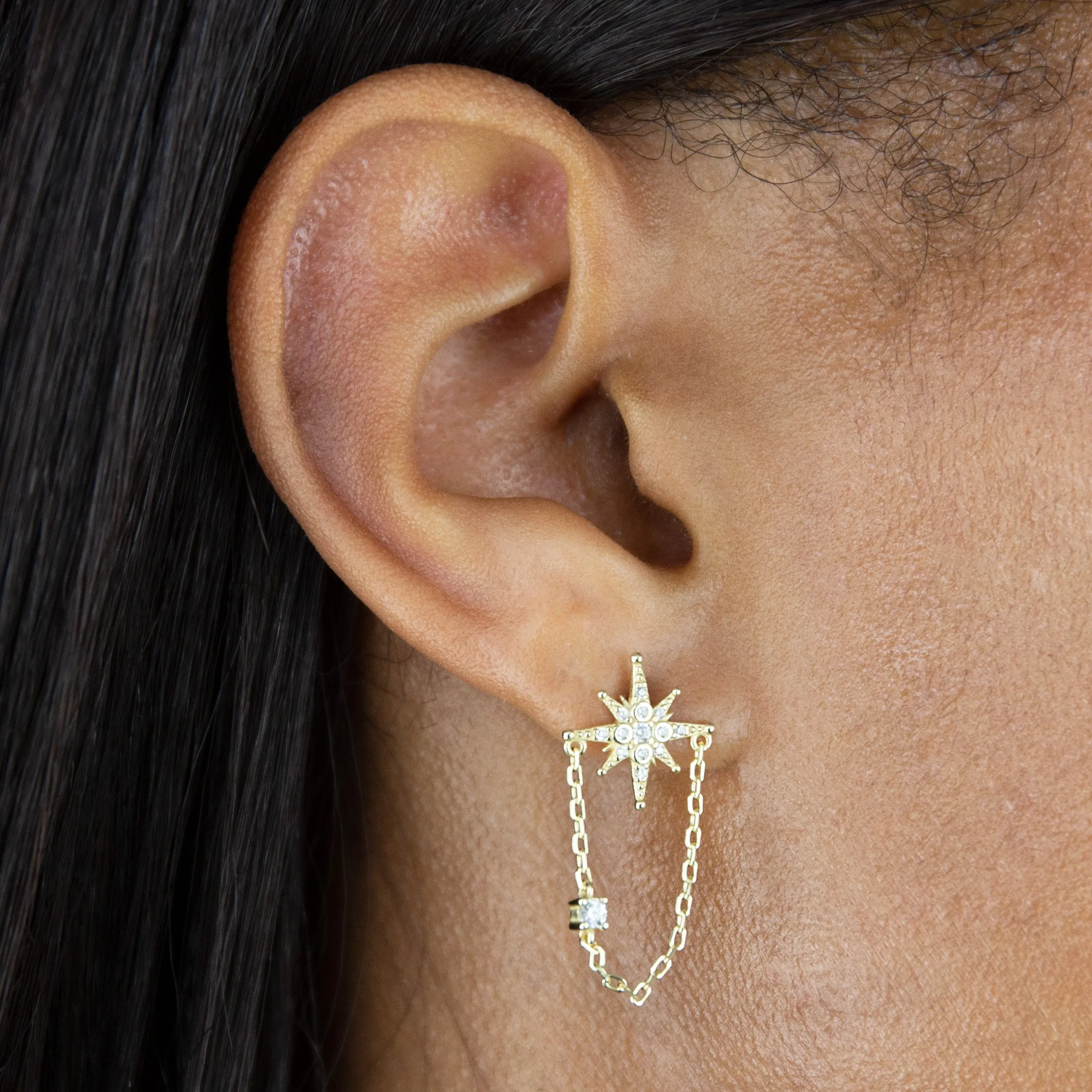 CZ Starburst Chain Stud Earring
