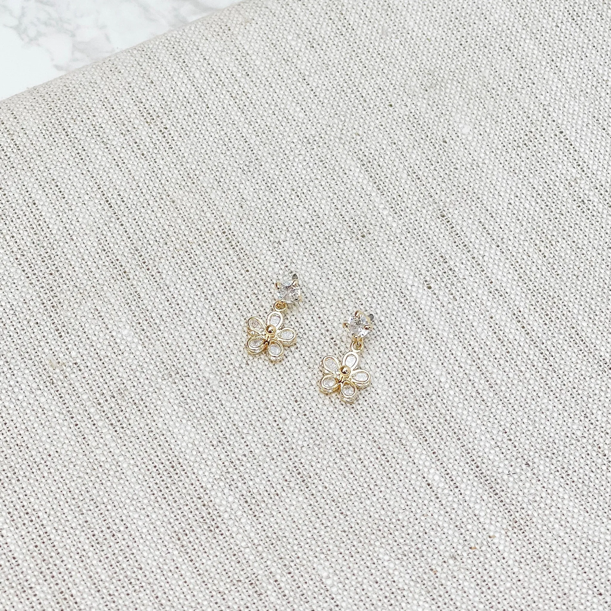 Dainty Cubic Zirconia Flower Dangle Earrings - Gold