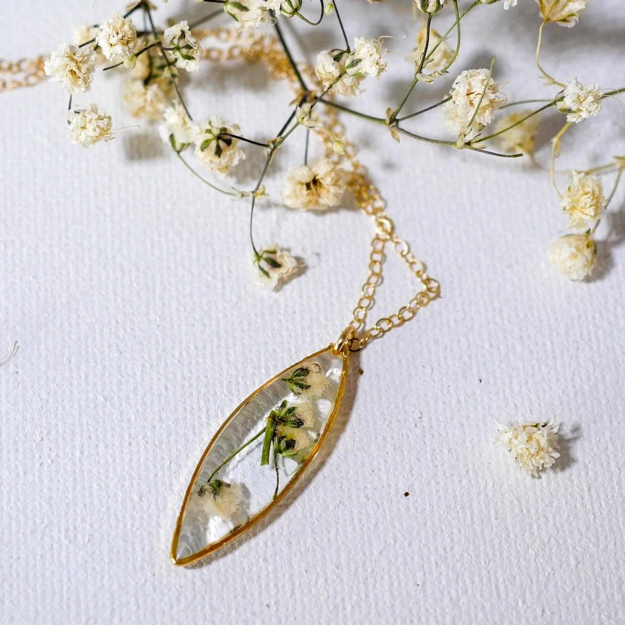 Dainty Real Babys Breath Marquise necklace