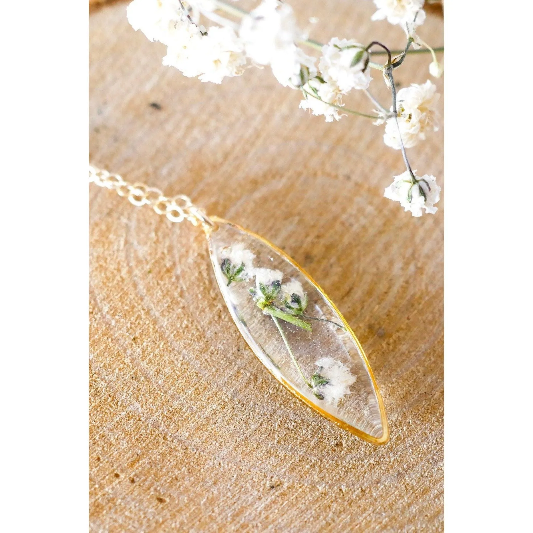Dainty Real Babys Breath Marquise necklace