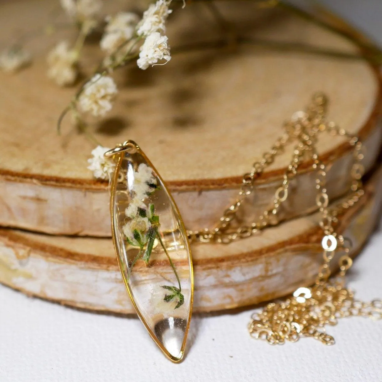 Dainty Real Babys Breath Marquise necklace