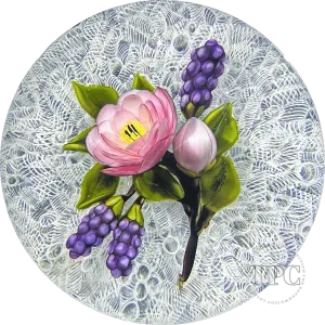 David & Jon Trabucco 1997 Glass Art Paperweight Flamework China Rose with Blackberries