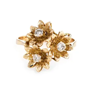 Diamond Buttercup Ring Vintage 10k Yellow Gold 3 Flowers Estate Fine Jewelry