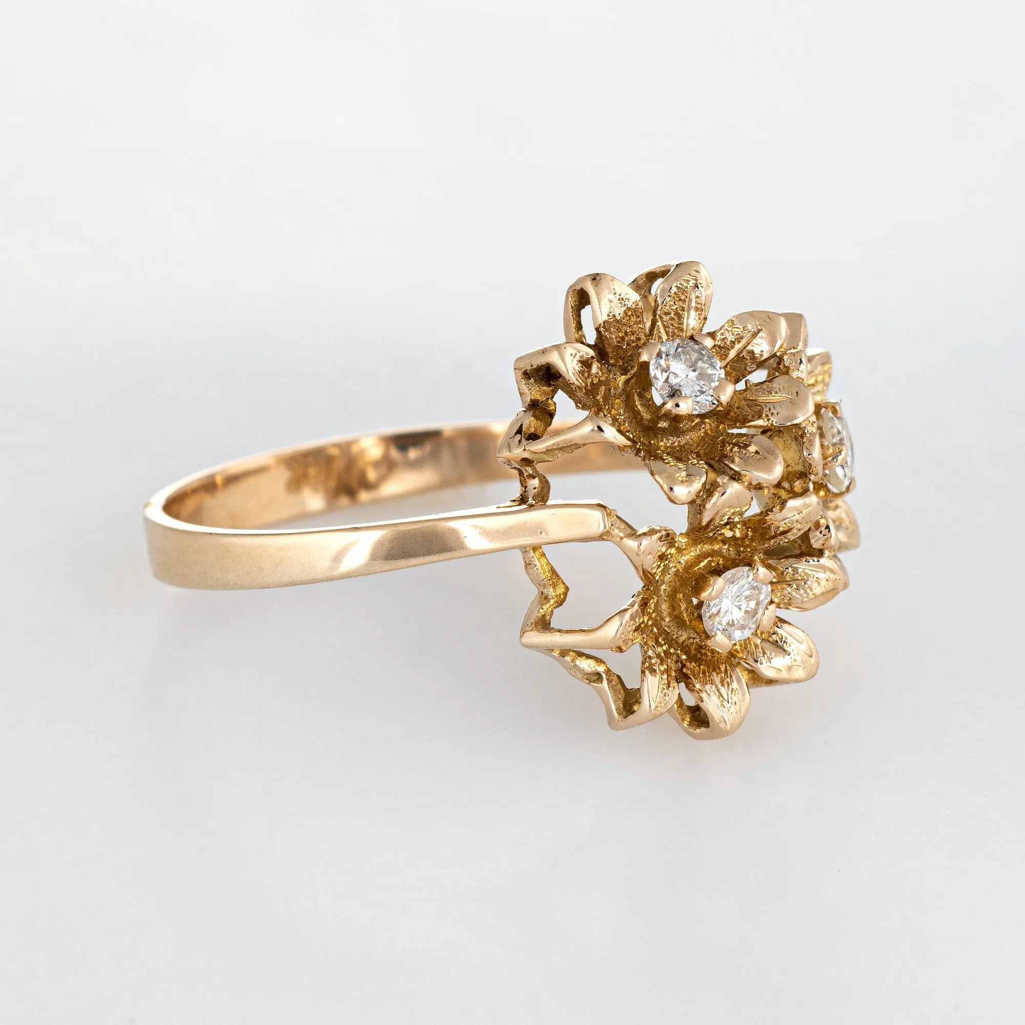 Diamond Buttercup Ring Vintage 10k Yellow Gold 3 Flowers Estate Fine Jewelry