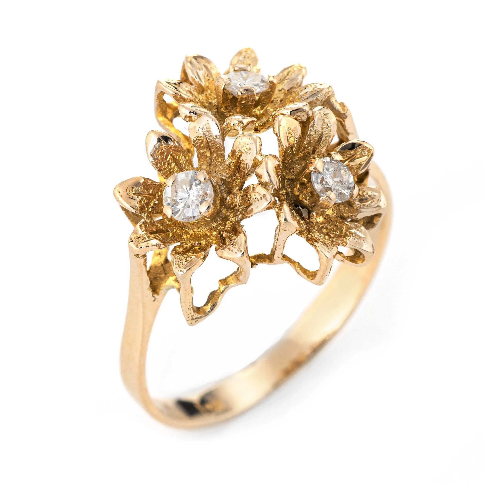 Diamond Buttercup Ring Vintage 10k Yellow Gold 3 Flowers Estate Fine Jewelry
